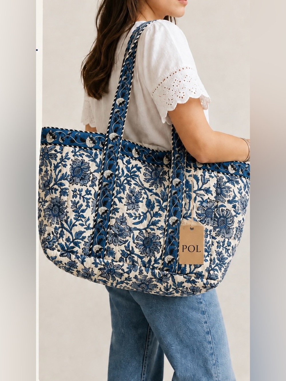 NEW POL Blue and White Cotton Large Tote